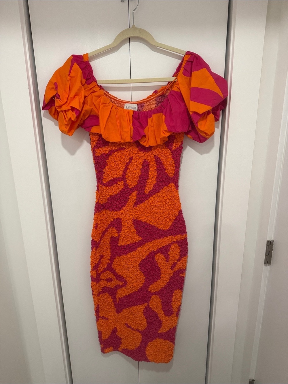 SAYLOR Orange and Pink Off-Shoulder Midi Dress